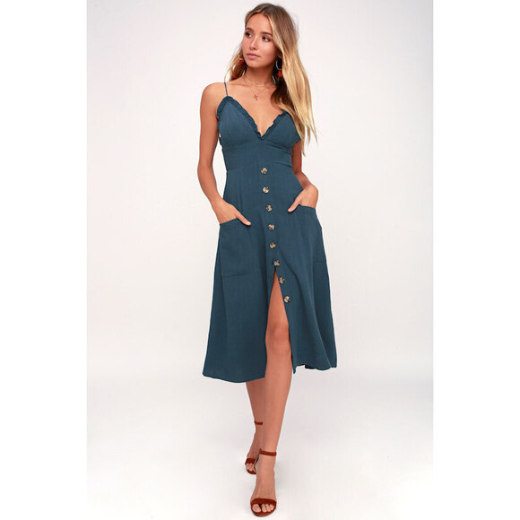 Lulus Dresses & Skirts - Lulus Lisbeth Dark Denim Blue Button Front Midi Dress - Size S